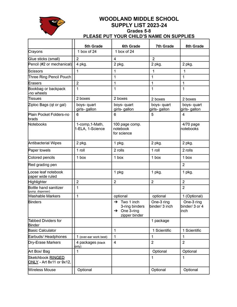 WMS 23-24 Supply List
